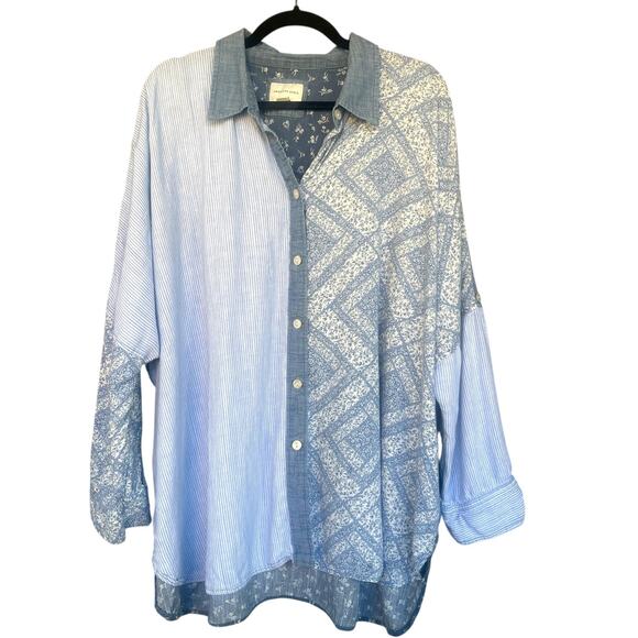 American Eagle Shirt Womens Large Blue Patchwork Button Down Linen Blend Boho - Picture 1 of 8